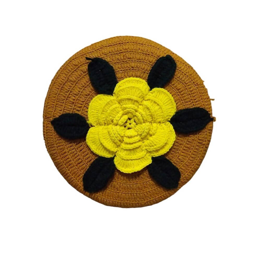 Vintage MCM Crochet 12 Inch Round Throw Accent Pillow Yellow Rose Flower Nice